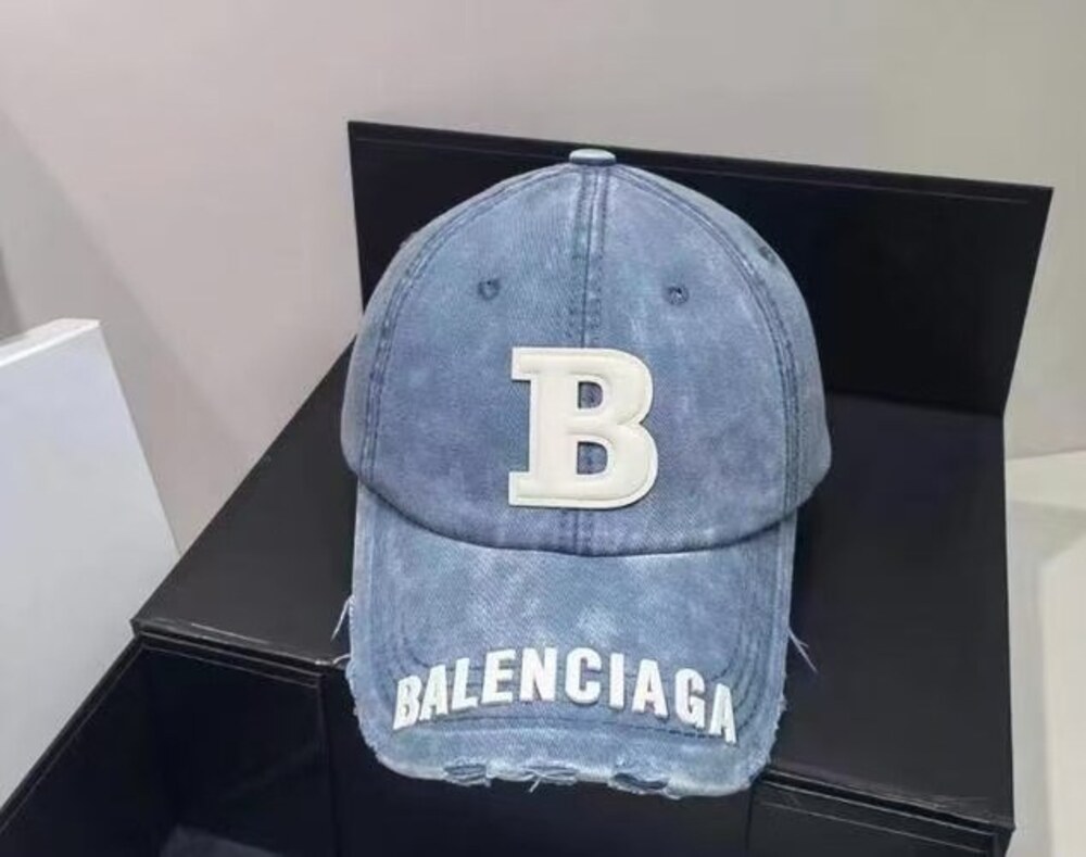 Balenciaga Distressed Denim Baseball Cap in Blue